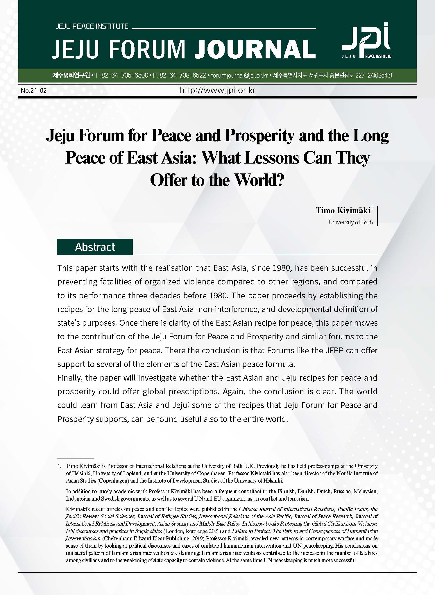 [Jeju Forum Journal] Jeju Forum for Peace and Prosperity and the Long Peace of East Asia: What Lessons Can They Offer to the World?